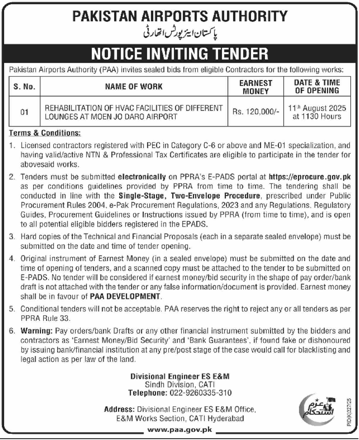 Pakistan Airports Authority Hyderabad Tender Notice